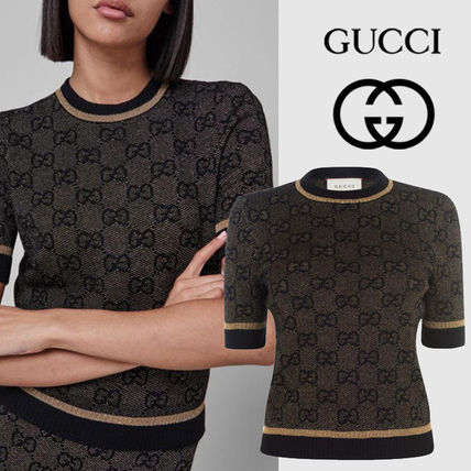 GUCCI Monogram Wool Short Sleeves V neckCrew neck 