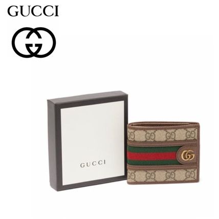 GUCCI Unisex Canvas Leather Folding Wallet Logo Folding Wallets 