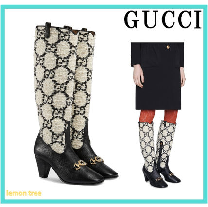 GUCCI 2019 20AW Round Toe Tweed Bi color Block Heels Elegant Style 
