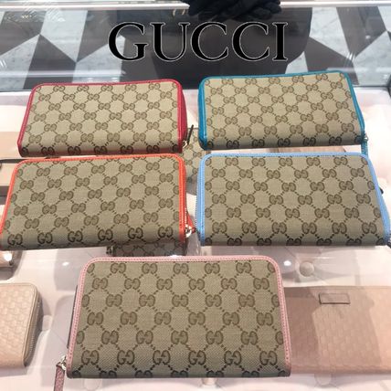 GUCCI Unisex Canvas Leather Long Wallet Logo Long Wallets