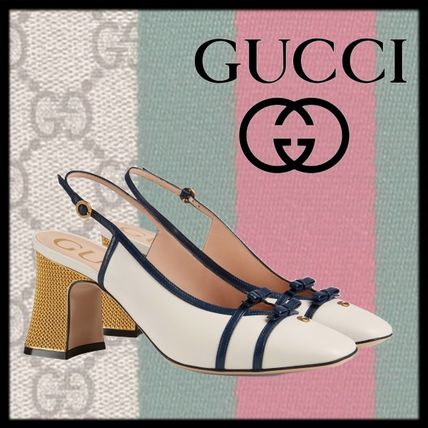 GUCCI 2020 SS Round Toe Bi color Leather Office Style Chunky Heels Logo