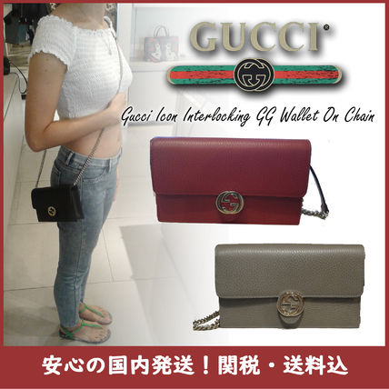 GUCCI Chain Plain Leather Elegant Style Crossbody Shoulder Bags 