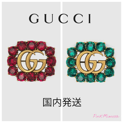 GUCCI 2019 20AW Metal Double G Brooch With Crystals