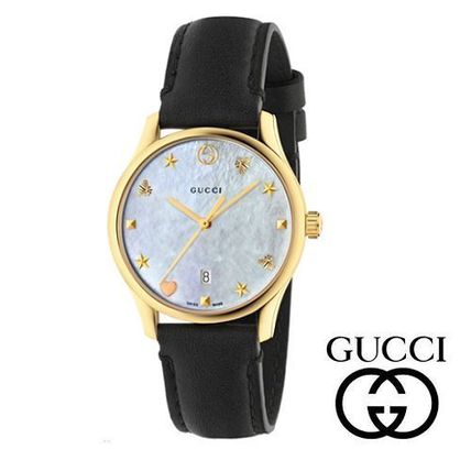 GUCCI Leather Round Quartz Watches Stainless Analog Watches 