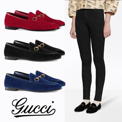 GUCCI Jordaan 2018 SS Round Toe Velvet Plain Elegant Style LoaferMoccasin Shoes