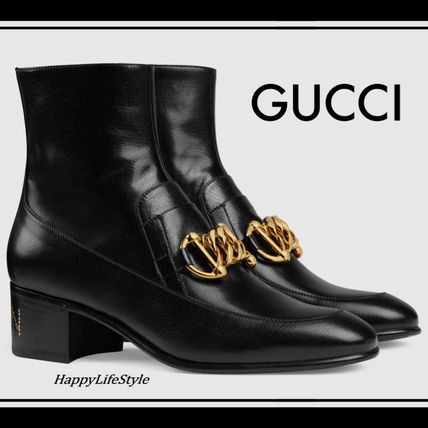 GUCCI Casual Style Bi color Chain Plain Leather Block Heels 