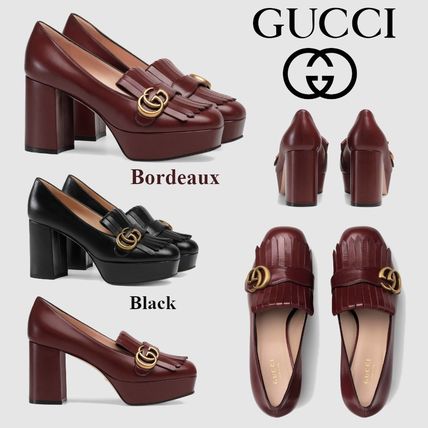 GUCCI 2019 20AW Plain Leather Block Heels Fringes Elegant Style Logo 