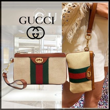 GUCCI Stripes Unisex Canvas Logo PouchesCosmetic Bags