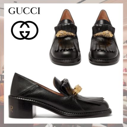 GUCCI 2020 SS Plain Leather Block Heels Logo LoaferMoccasin Shoes 