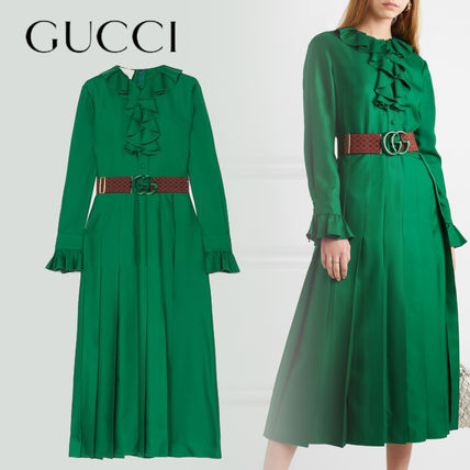 GUCCI Casual Style A line Silk Long Sleeves Plain Long 