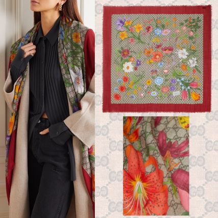 GUCCI 2020 SS Flower Patterns Wool Silk KnitFur Scarves 