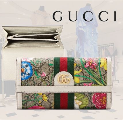GUCCI Ophidia 2020 SS Flower Patterns Canvas Leather Logo Long Wallets 