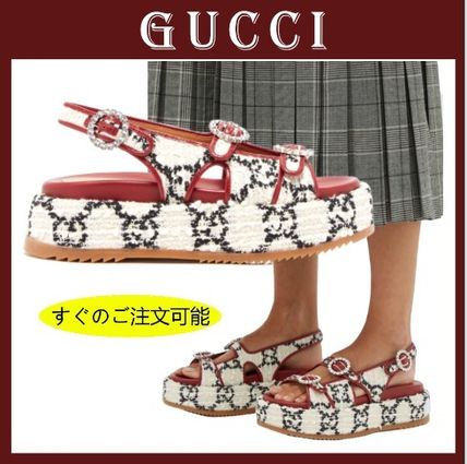GUCCI Open Toe Platform Casual Style Tweed Bi color Elegant Style 