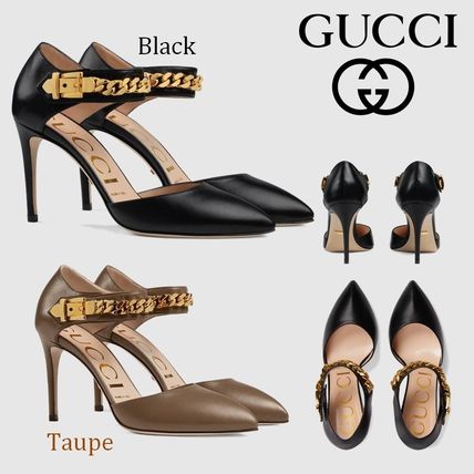 GUCCI 2020 SS Chain Plain Leather Pin Heels Elegant Style Logo 