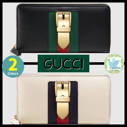 GUCCI Sylvie Stripes Unisex Plain Leather Long Wallet Logo Long Wallets 