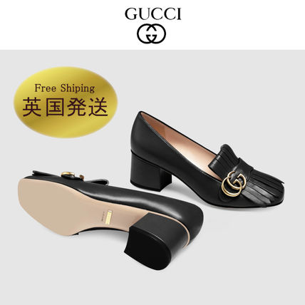 GUCCI GG Marmont Square Toe Plain Leather Block Heels Fringes Elegant Style 