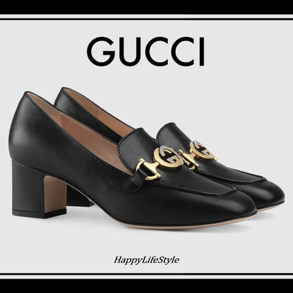 GUCCI Bi color Plain Leather Block Heels Elegant Style 