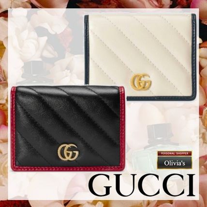 GUCCI GG Marmont Bi color Plain Leather Folding Wallet Logo Folding Wallets