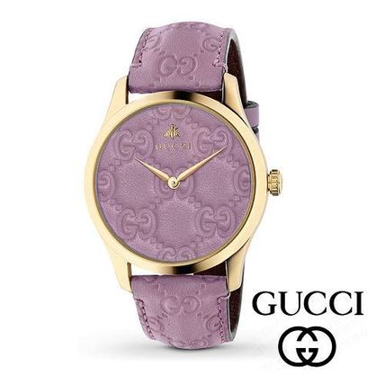GUCCI Unisex Leather Round Stainless Analog Watches 