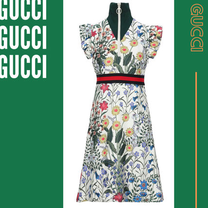 GUCCI Short Flower Patterns Short Sleeves Logo Dresses