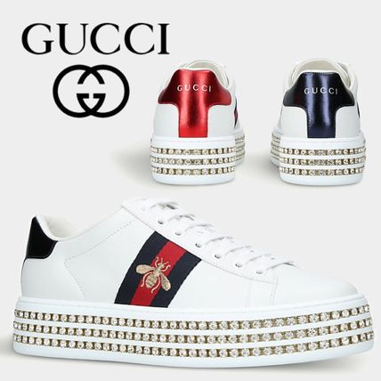 GUCCI Ace Plain Other Animal Patterns Leather Logo Low Top Sneakers 