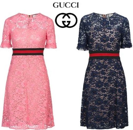 GUCCI Crew Neck Short Flower Patterns Silk Short Sleeves 