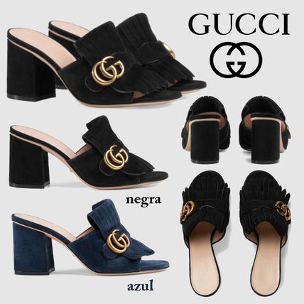 GUCCI 2019 20AW Open Toe Suede Plain Block Heels Fringes Elegant Style Logo 