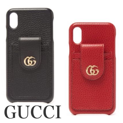 GUCCI GG Marmont Unisex Plain Leather iPhone XS Max Logo Smart Phone Cases 