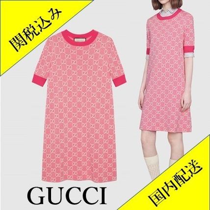 GUCCI Crew Neck Short Monogram Wool Short Sleeves Dresses 