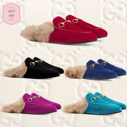 GUCCI Princetown 2018 19AW Velvet Blended Fabrics Chain Plain With Jewels Elegant Style 