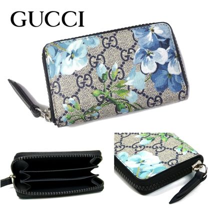 GUCCI Flower Patterns Unisex Canvas Leather Long Wallet Logo 