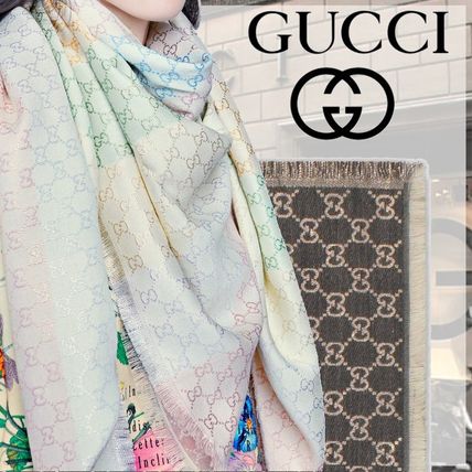 GUCCI Monogram Wool Silk Cotton KnitFur Scarves 