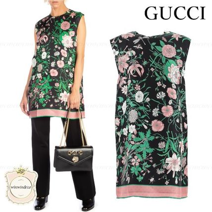 GUCCI Flower Patterns Silk Sleeveless Elegant Style Dresses 