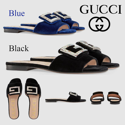 GUCCI 2019 SS Open Toe Casual Style Velvet Plain Block Heels Slippers