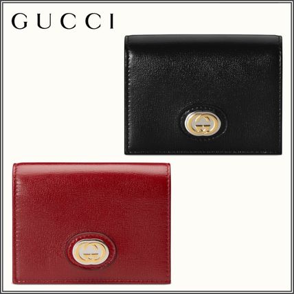 GUCCI Unisex Plain Leather Folding Wallet Small Wallet Logo