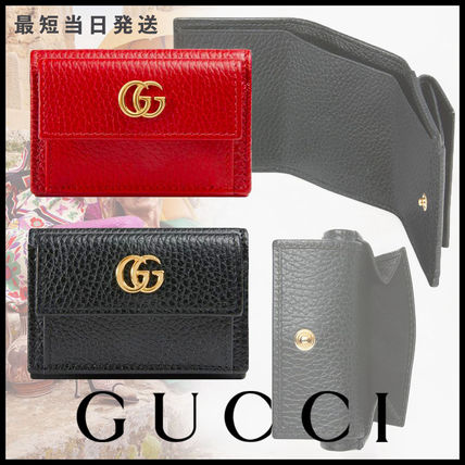 GUCCI GG Marmont 2018 SS Unisex Plain Leather Folding Wallet Small Wallet Logo 