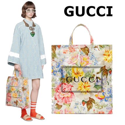 GUCCI Flower Patterns Casual Style Unisex Street Style Leather 