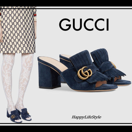 GUCCI 2019 SS Open Toe Suede Plain Block Heels Fringes Sabo Elegant Style 