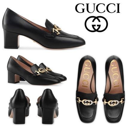 GUCCI 2020 SS Plain Toe Plain Leather Block Heels Elegant Style Logo 