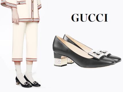 GUCCI GUCCI Leather Mid Heel Pump With Crystal G #522697 