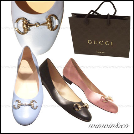 GUCCI Round Toe Plain Leather Elegant Style Flats 