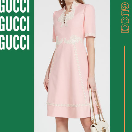 GUCCI Casual Style A line Silk V Neck Plain Medium Short Sleeves 