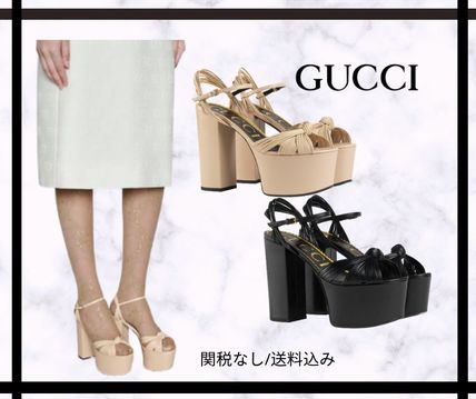 GUCCI Open Toe Platform Casual Style Plain Leather Party Style 