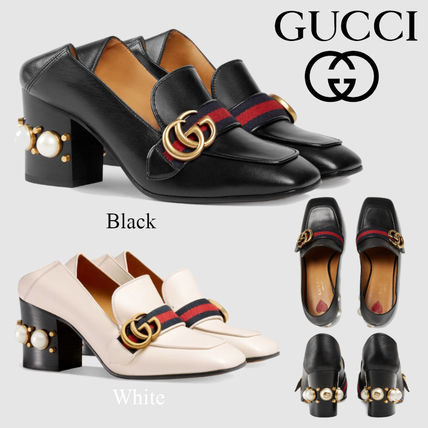 GUCCI 2019 SS Square Toe Plain Leather Block Heels Elegant Style Logo