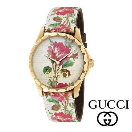 GUCCI Unisex Leather Round Quartz Watches Stainless Analog Watches 