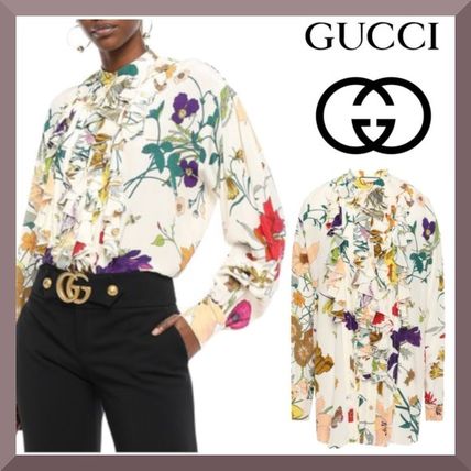 GUCCI Flower Patterns Silk Long Sleeves Medium Fringes 