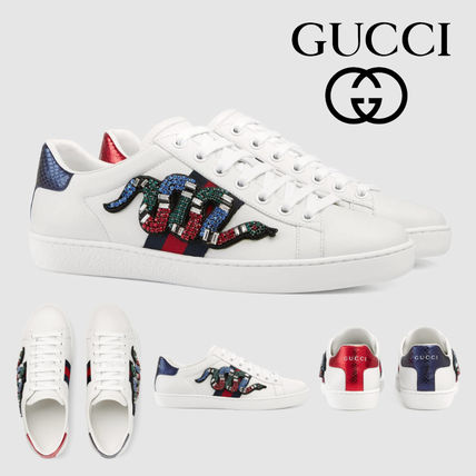 GUCCI Ace 2019 SS Plain Toe Rubber Sole Casual Style Leather Logo 460203 A38G0 9161 