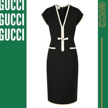 GUCCI Wool Silk Bi color Plain Medium Short Sleeves Party Style 