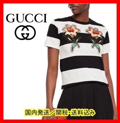GUCCI Crew Neck Stripes Flower Patterns Blended Fabrics Cotton 