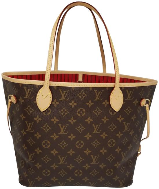 Louis Vuitton Neverfull Mm Monogram Lining Brown Red Coated Canvas Tote